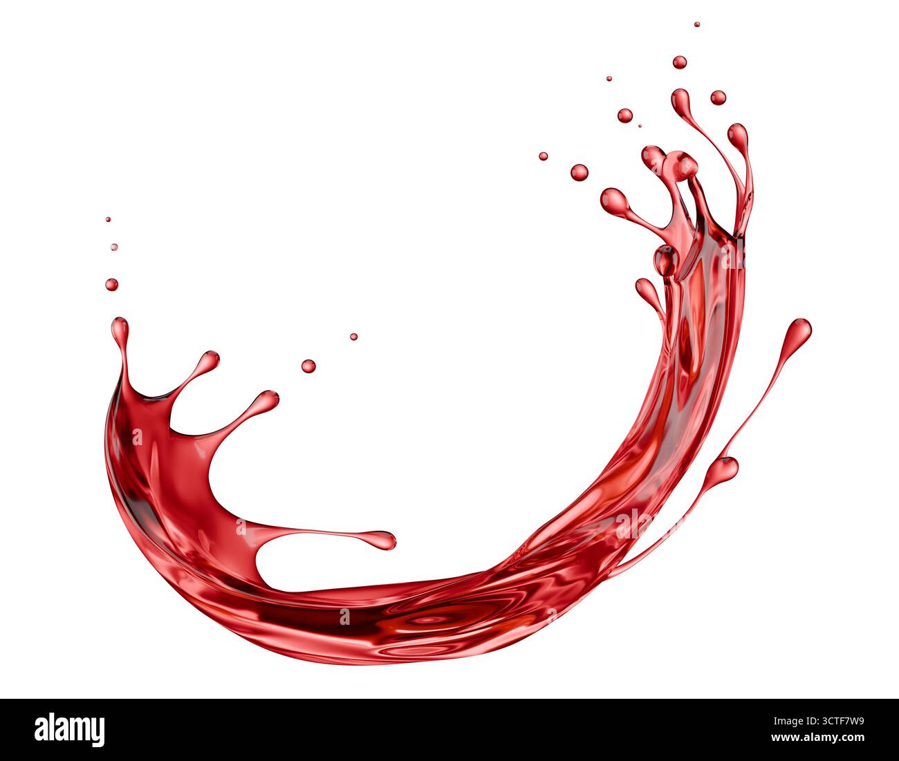 Rotweinspritzer isoliert auf weißem Hintergrund. 3D-Rendering. Stockfoto