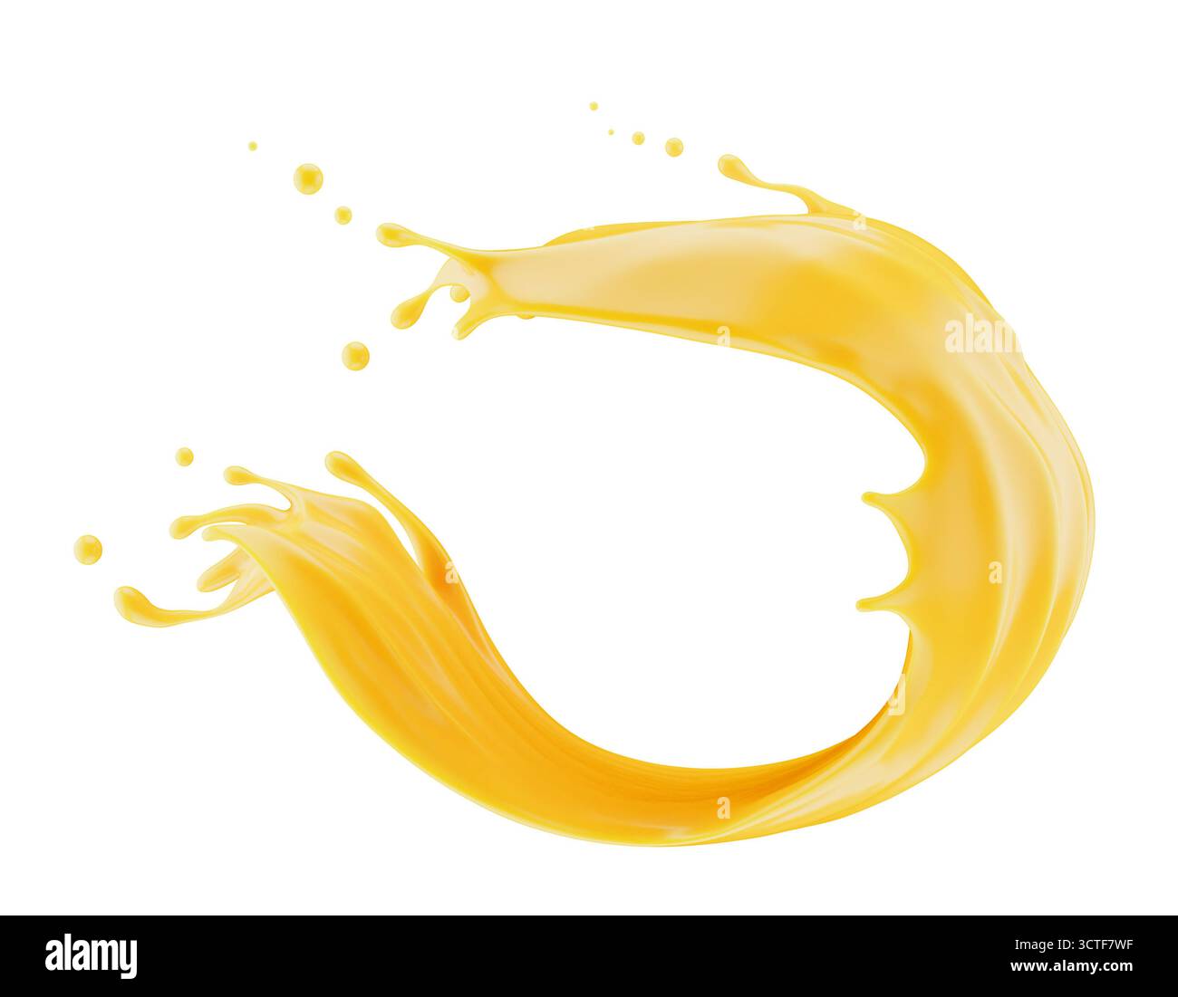 Abstrakter orangefarbener Spritzer auf weißem Hintergrund. 3D-Rendering. Stockfoto