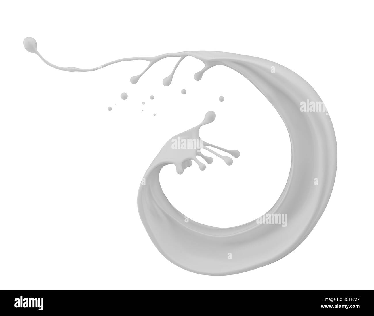 Milchspritzer isoliert auf weißem Hintergrund. 3D-Rendering. Stockfoto