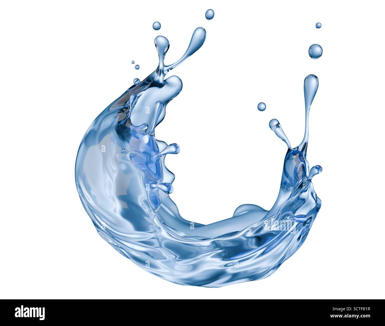 Blaues Wasserspritzen isoliert auf weißem Hintergrund. 3D-Rendering. Stockfoto