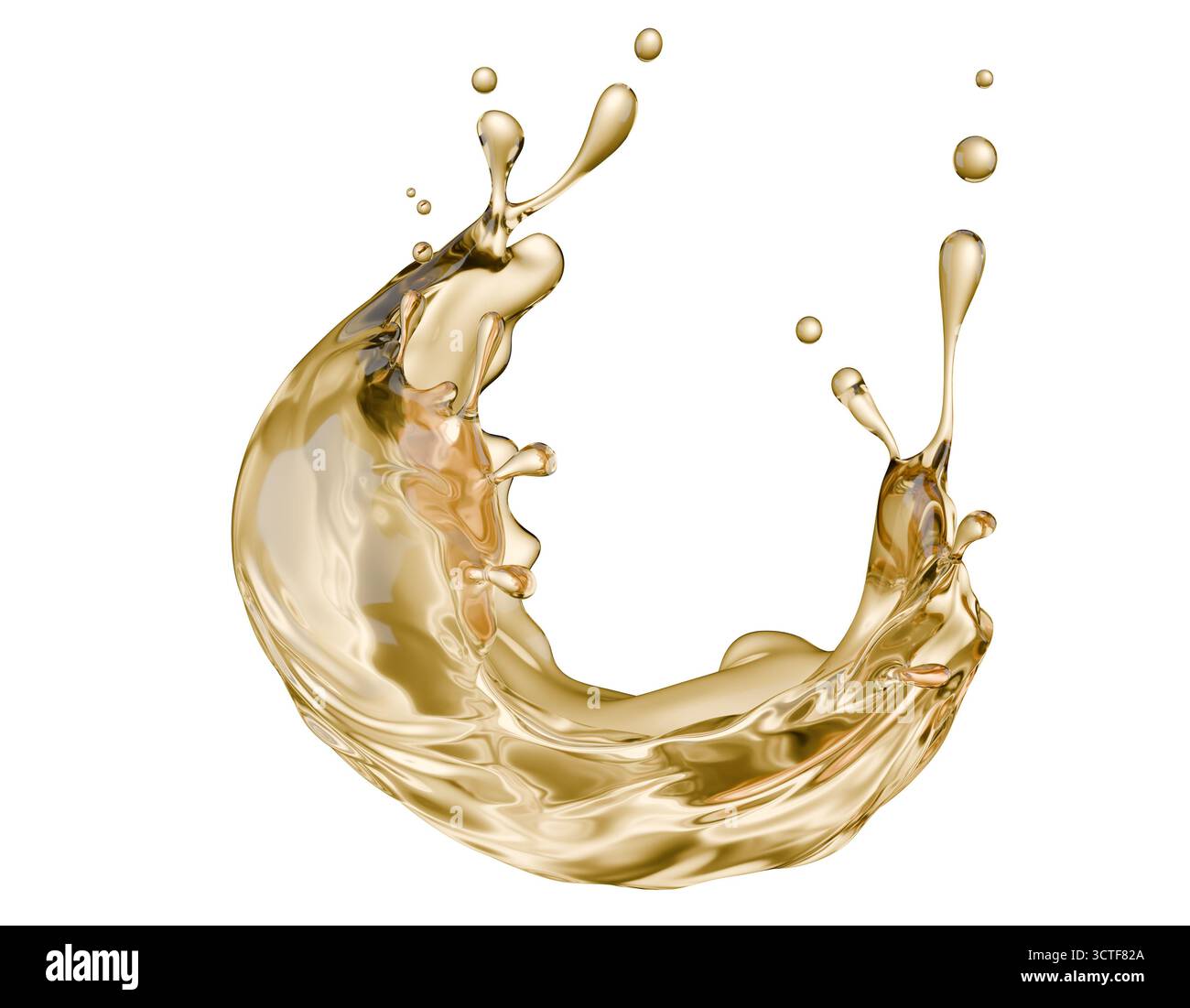 goldener Flüssigkeitsspritzer auf weißem Hintergrund. 3D-Rendering. Stockfoto
