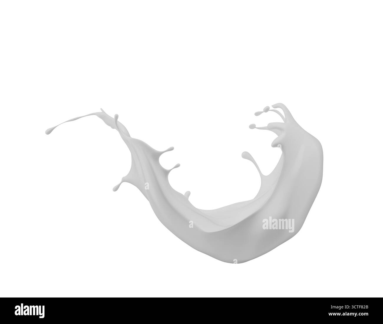 Milchspritzer isoliert auf weißem Hintergrund. 3D-Rendering. Stockfoto