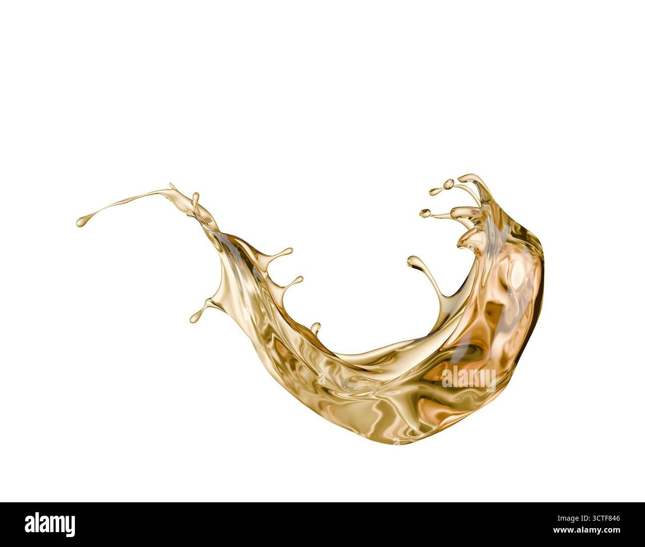 goldener Flüssigkeitsspritzer auf weißem Hintergrund. 3D-Rendering. Stockfoto