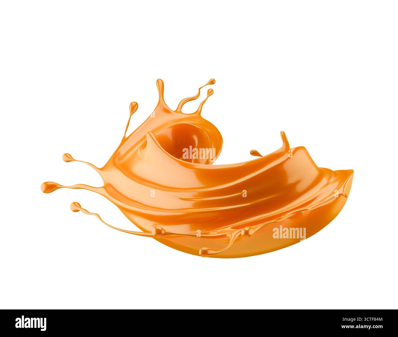 Karamellspritzer isoliert auf weißem Hintergrund. 3D-Rendering. Stockfoto