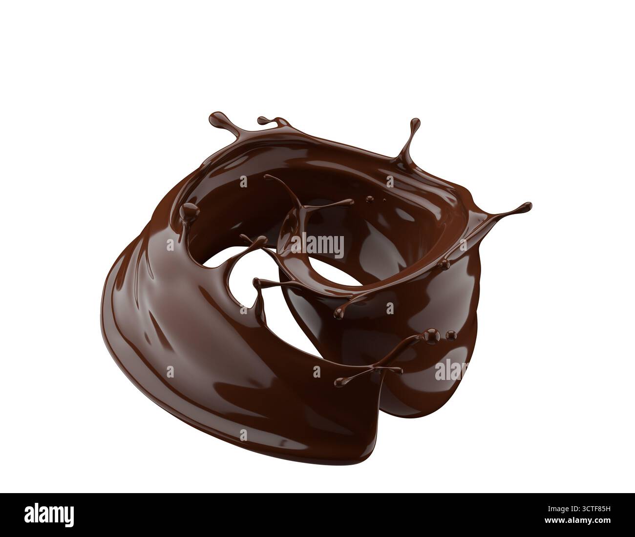 Schokoladenspritzer isoliert auf weißem Hintergrund. 3D-Rendering. Stockfoto
