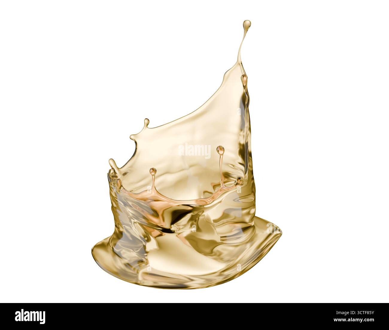 goldener Flüssigkeitsspritzer auf weißem Hintergrund. 3D-Rendering. Stockfoto