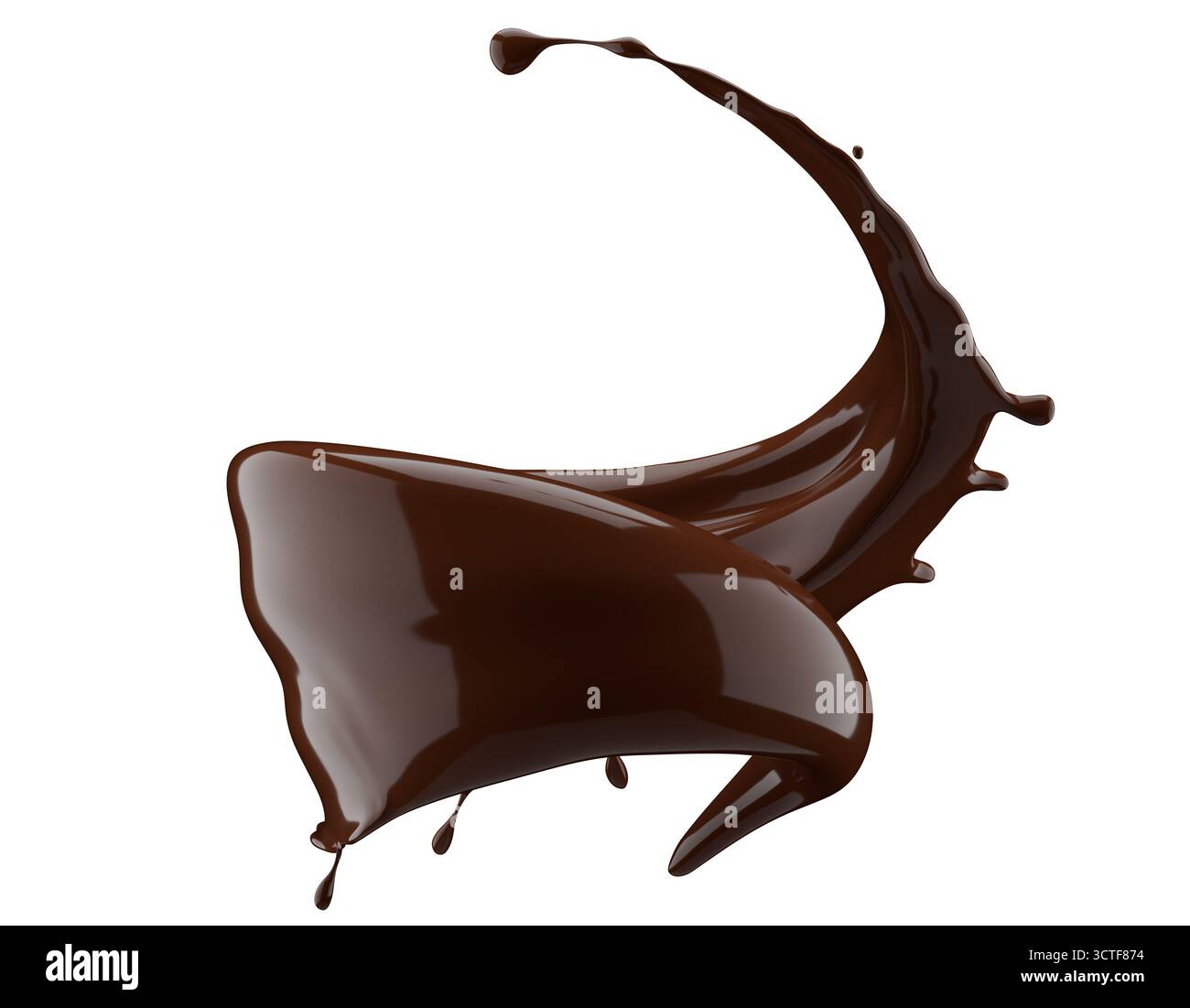 Schokoladenspritzer isoliert auf weißem Hintergrund. 3D-Rendering. Stockfoto