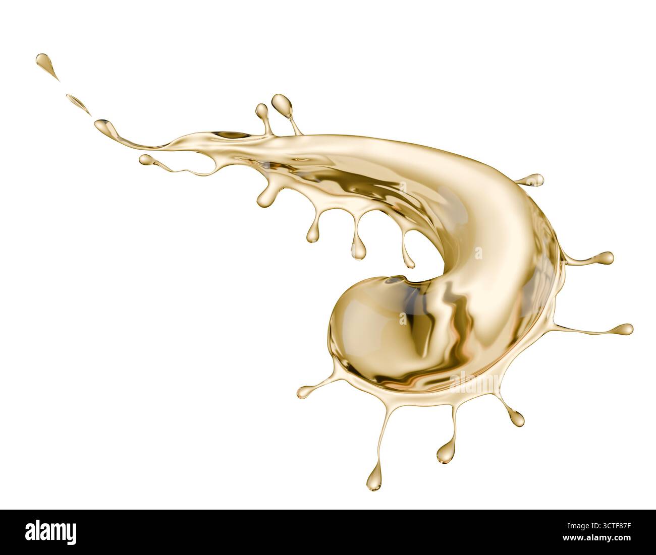 goldener Flüssigkeitsspritzer auf weißem Hintergrund. 3D-Rendering. Stockfoto