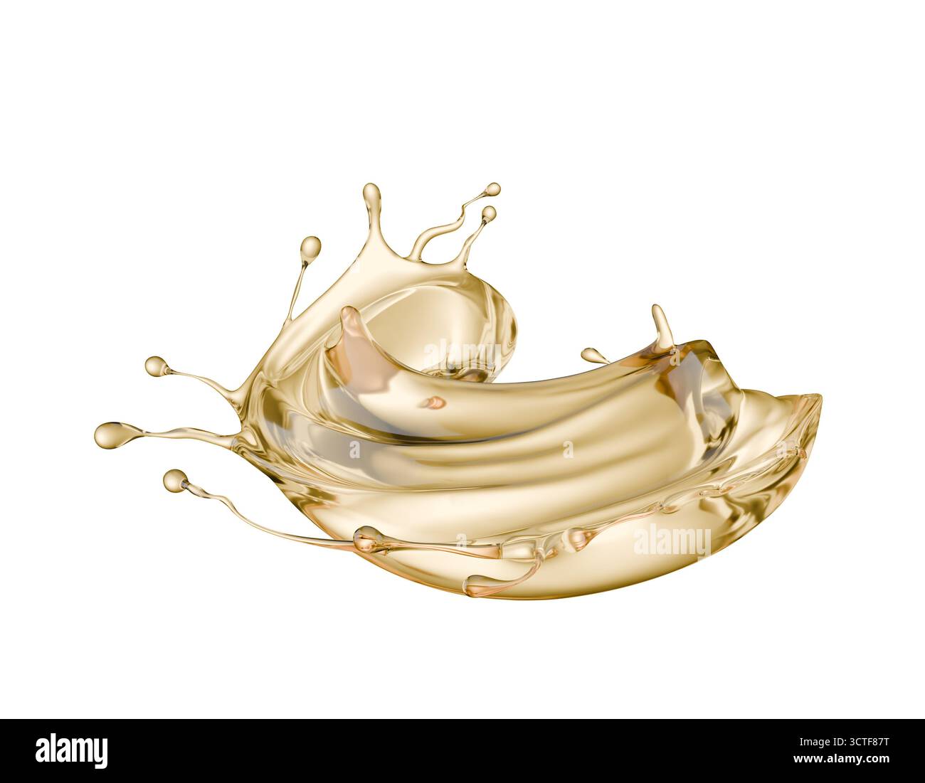 goldener Flüssigkeitsspritzer auf weißem Hintergrund. 3D-Rendering. Stockfoto