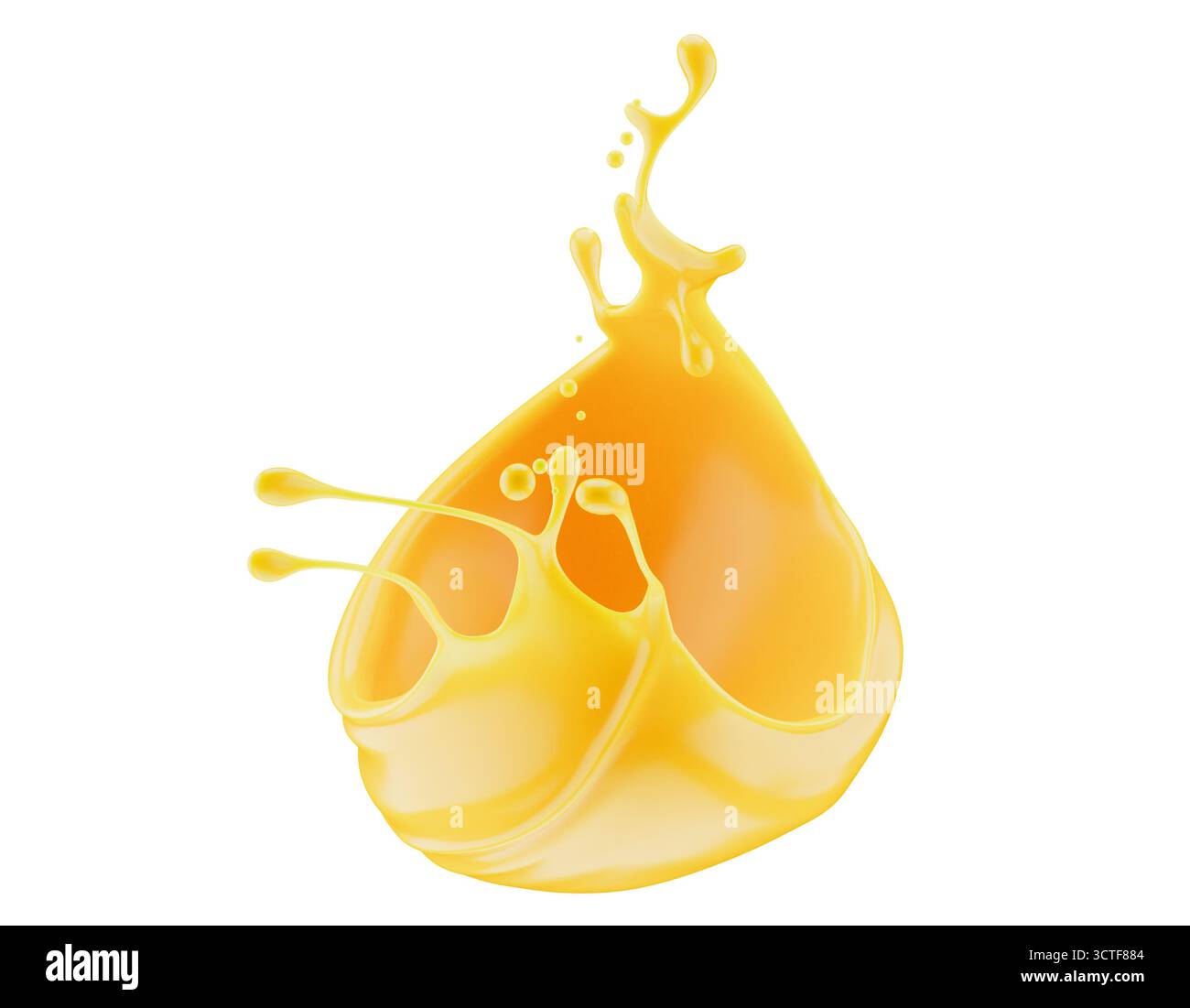 Abstrakter orangefarbener Spritzer auf weißem Hintergrund. 3D-Rendering. Stockfoto