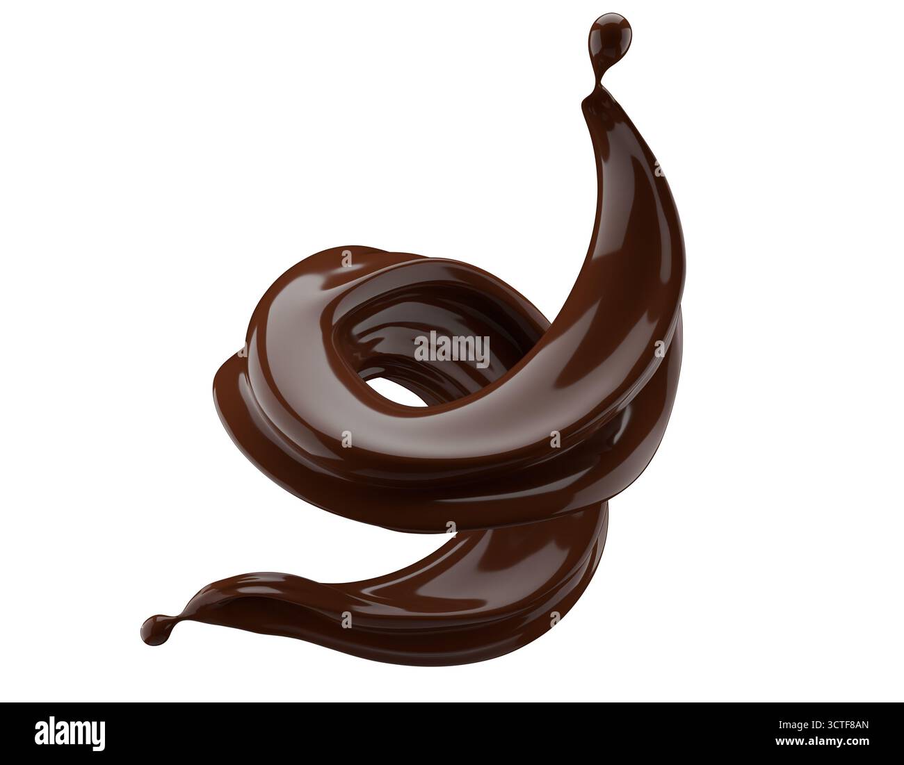 Schokoladenspritzer isoliert auf weißem Hintergrund. 3D-Rendering. Stockfoto