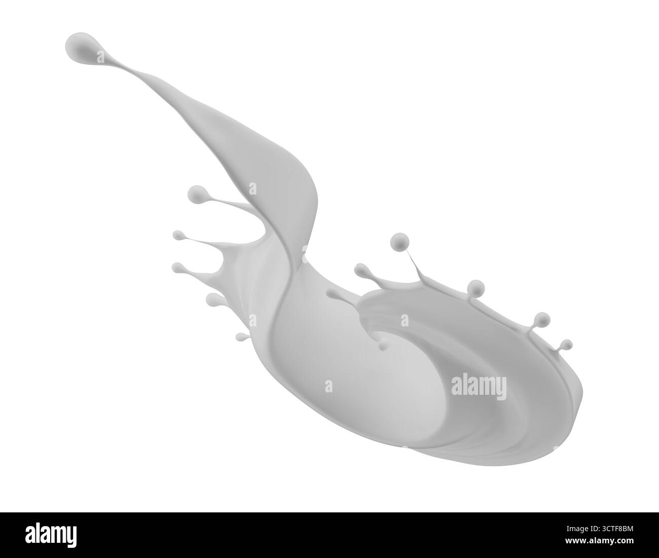 Milchspritzer isoliert auf weißem Hintergrund. 3D-Rendering. Stockfoto