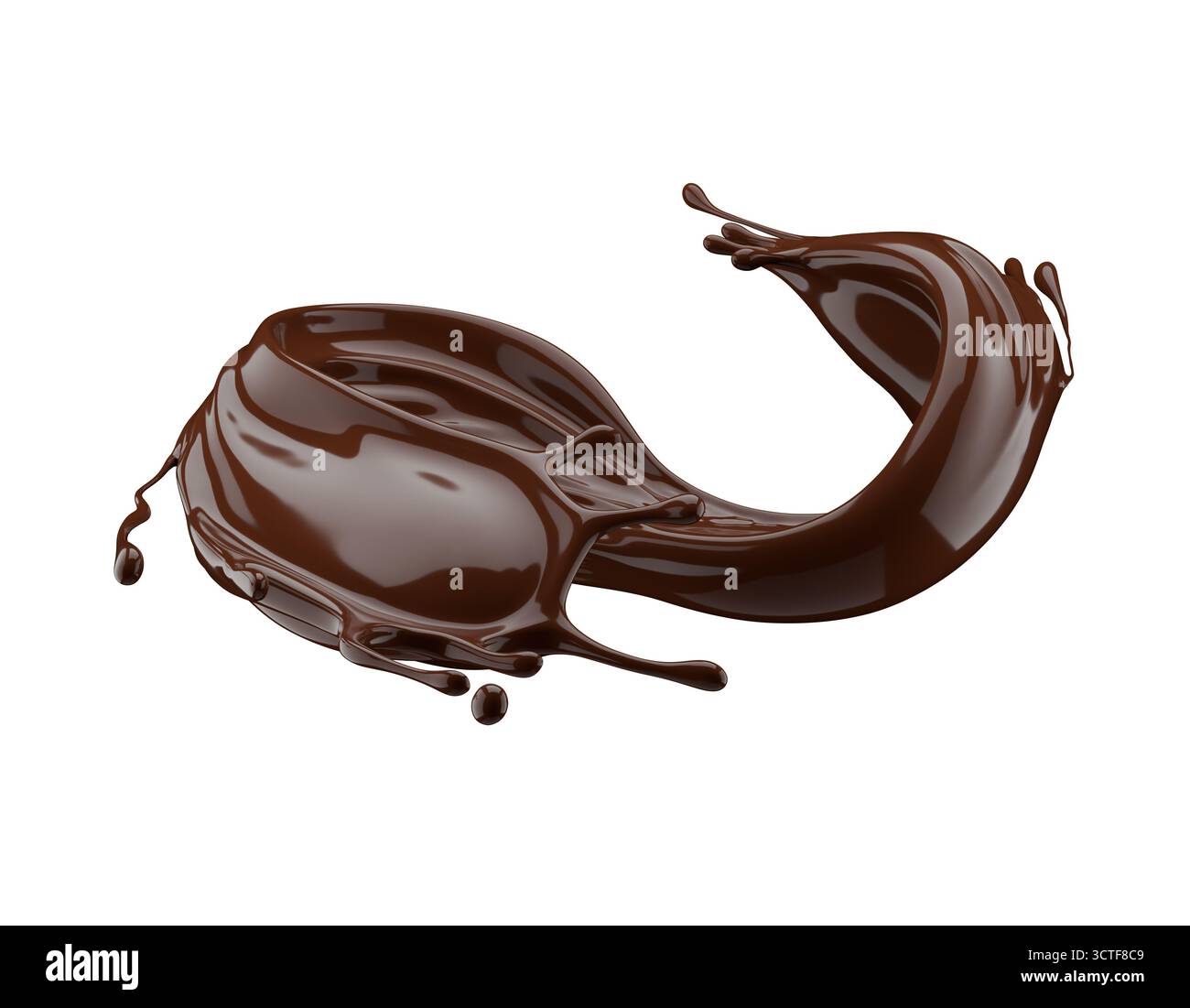 Schokoladenspritzer isoliert auf weißem Hintergrund. 3D-Rendering. Stockfoto