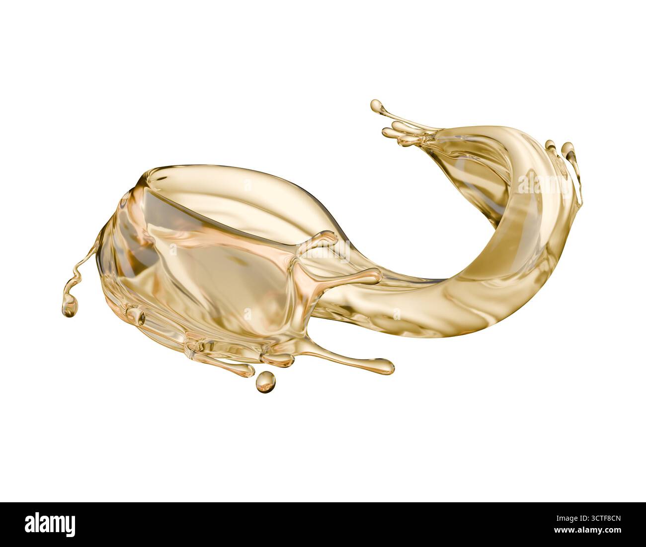 goldener Flüssigkeitsspritzer auf weißem Hintergrund. 3D-Rendering. Stockfoto