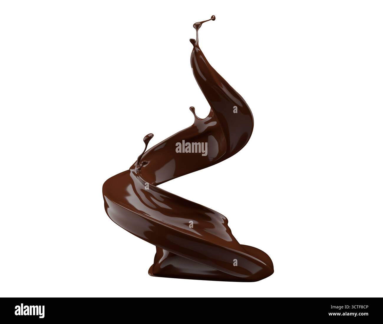 Schokoladenspritzer isoliert auf weißem Hintergrund. 3D-Rendering. Stockfoto