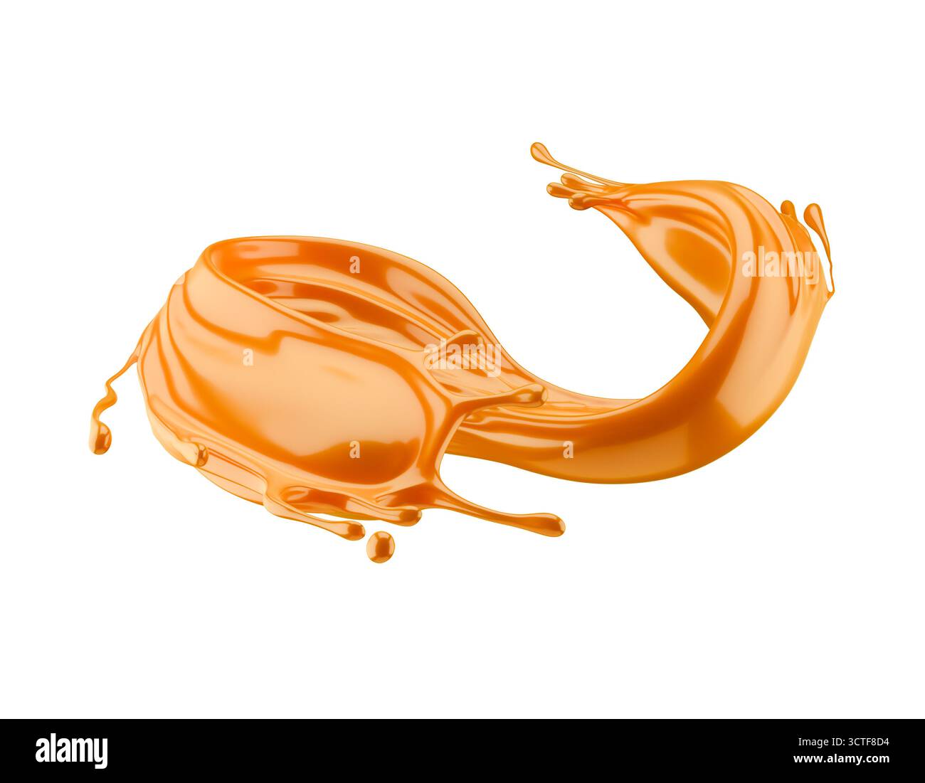Karamellspritzer isoliert auf weißem Hintergrund. 3D-Rendering. Stockfoto