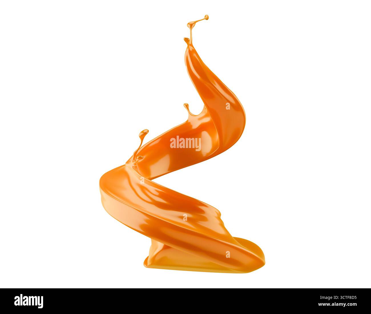 Karamellspritzer isoliert auf weißem Hintergrund. 3D-Rendering. Stockfoto