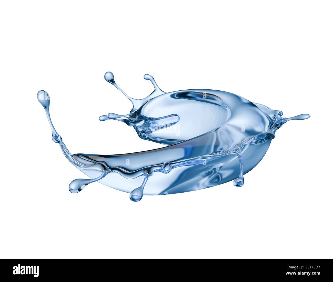 Blaues Wasserspritzen isoliert auf weißem Hintergrund. 3D-Rendering. Stockfoto