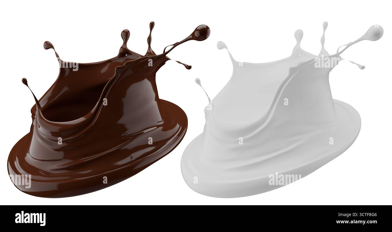 Milch- und Schokoladenspritzer. Milchshake und geschmolzene braune Schokolade isoliert auf weißem Hintergrund. 3D-Rendering . Stockfoto