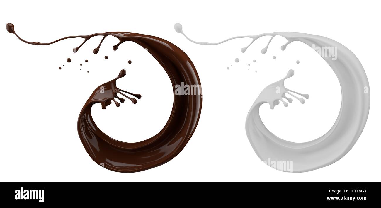 Milch- und Schokoladenspritzer. Milchshake und geschmolzene braune Schokolade isoliert auf weißem Hintergrund. 3D-Rendering . Stockfoto