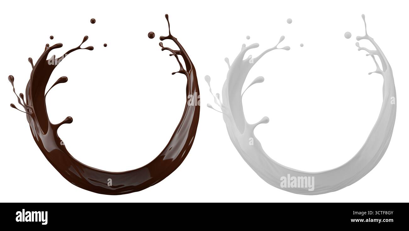 Milch- und Schokoladenspritzer. Milchshake und geschmolzene braune Schokolade isoliert auf weißem Hintergrund. 3D-Rendering . Stockfoto