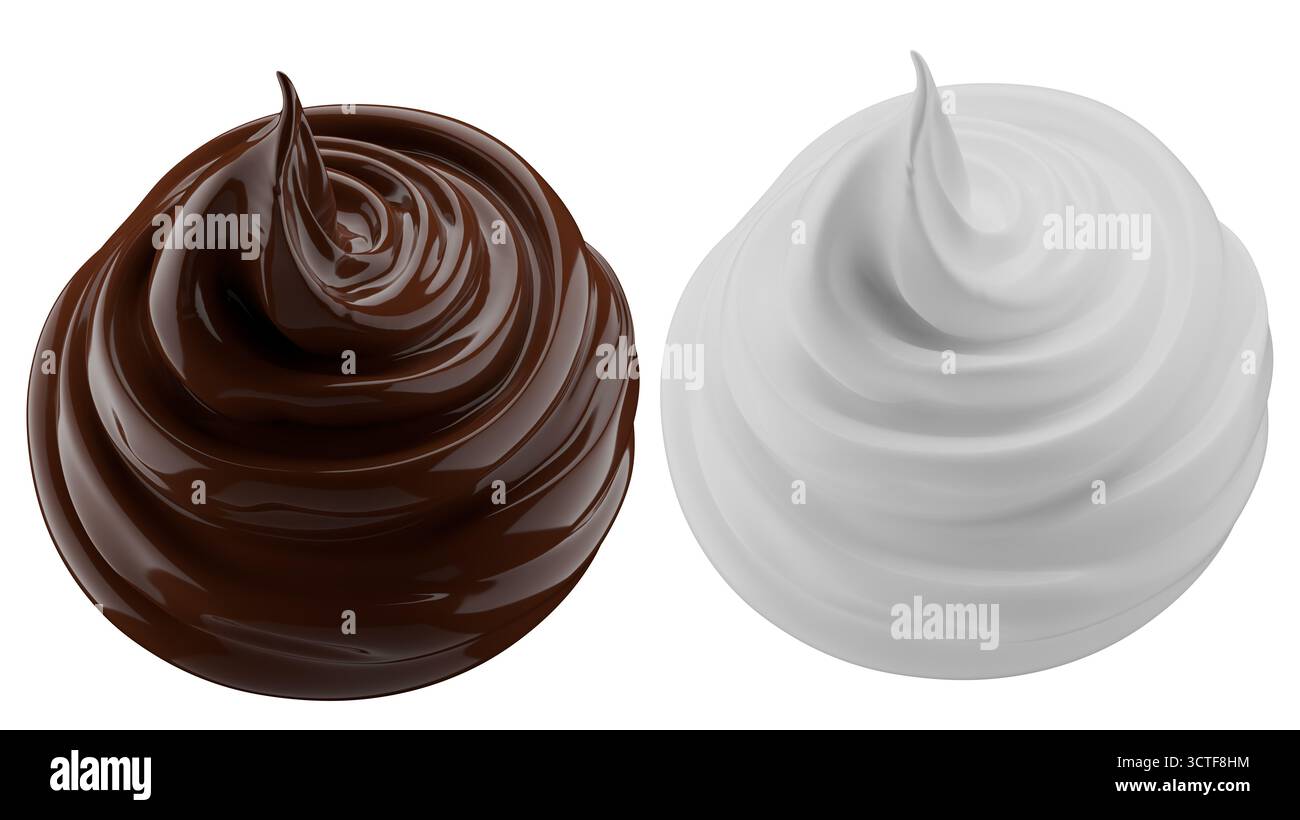 Milch- und Schokoladenspritzer. Milchshake und geschmolzene braune Schokolade isoliert auf weißem Hintergrund. 3D-Rendering . Stockfoto
