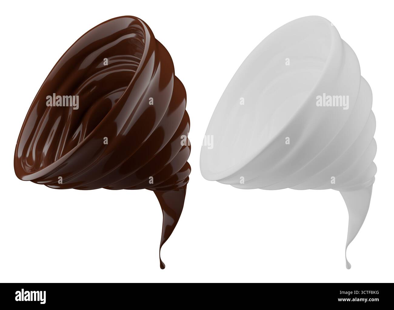 Milch- und Schokoladenspritzer. Milchshake und geschmolzene braune Schokolade isoliert auf weißem Hintergrund. 3D-Rendering . Stockfoto