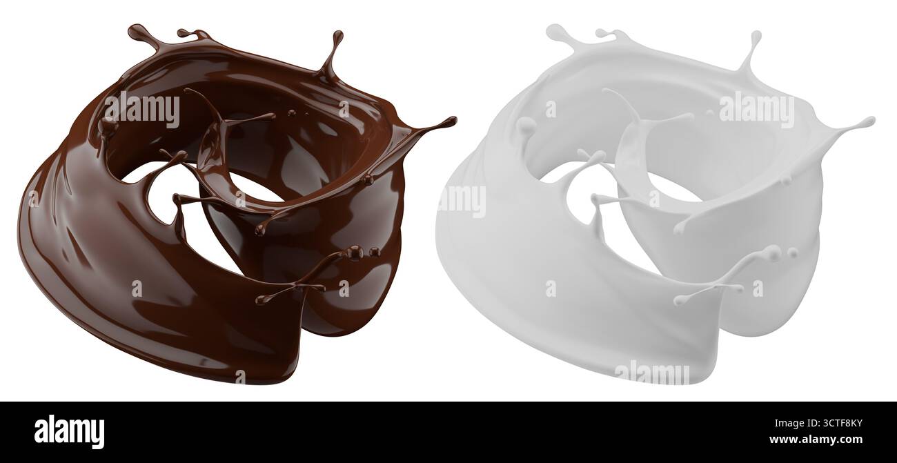 Milch- und Schokoladenspritzer. Milchshake und geschmolzene braune Schokolade isoliert auf weißem Hintergrund. 3D-Rendering . Stockfoto