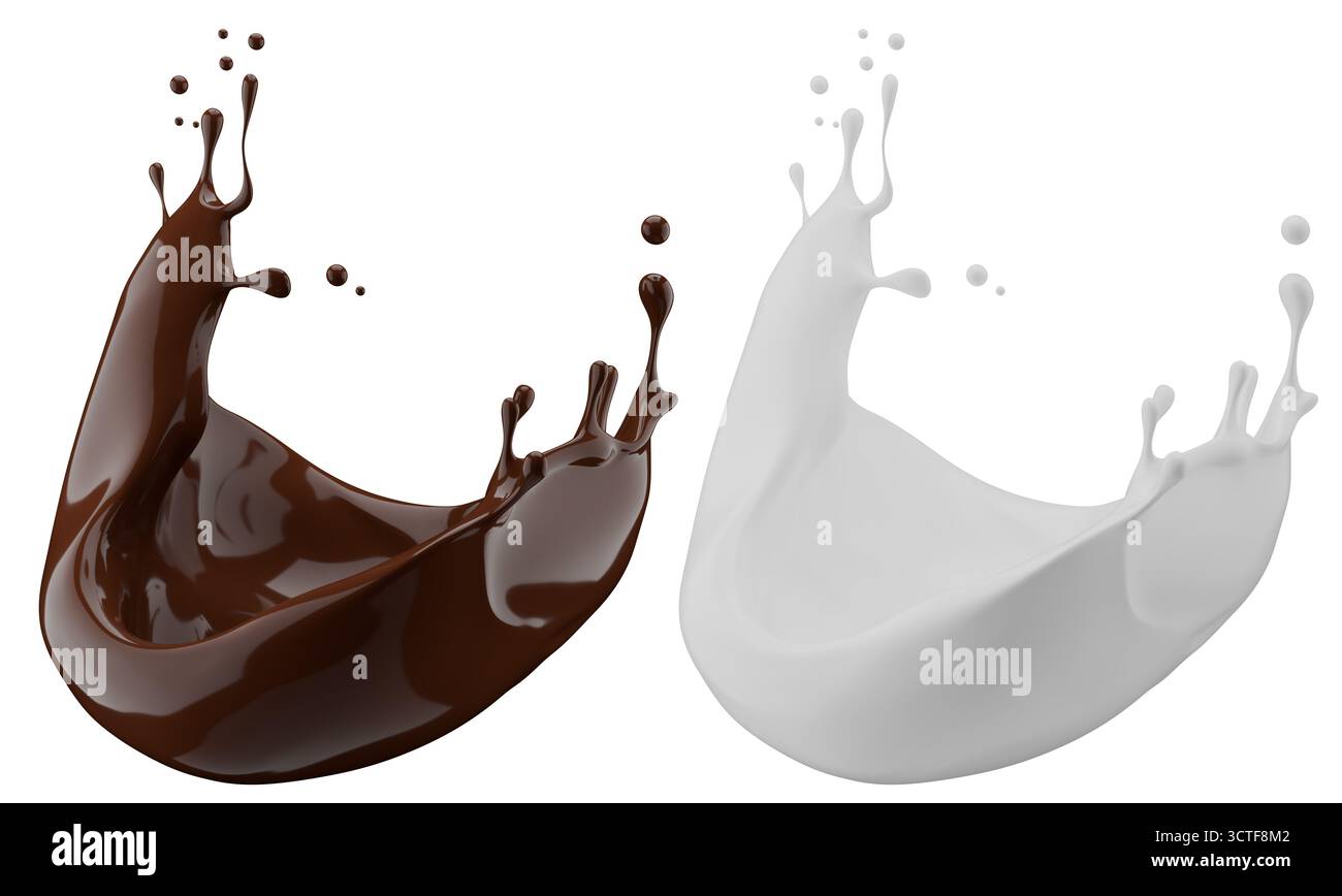 Milch- und Schokoladenspritzer. Milchshake und geschmolzene braune Schokolade isoliert auf weißem Hintergrund. 3D-Rendering . Stockfoto