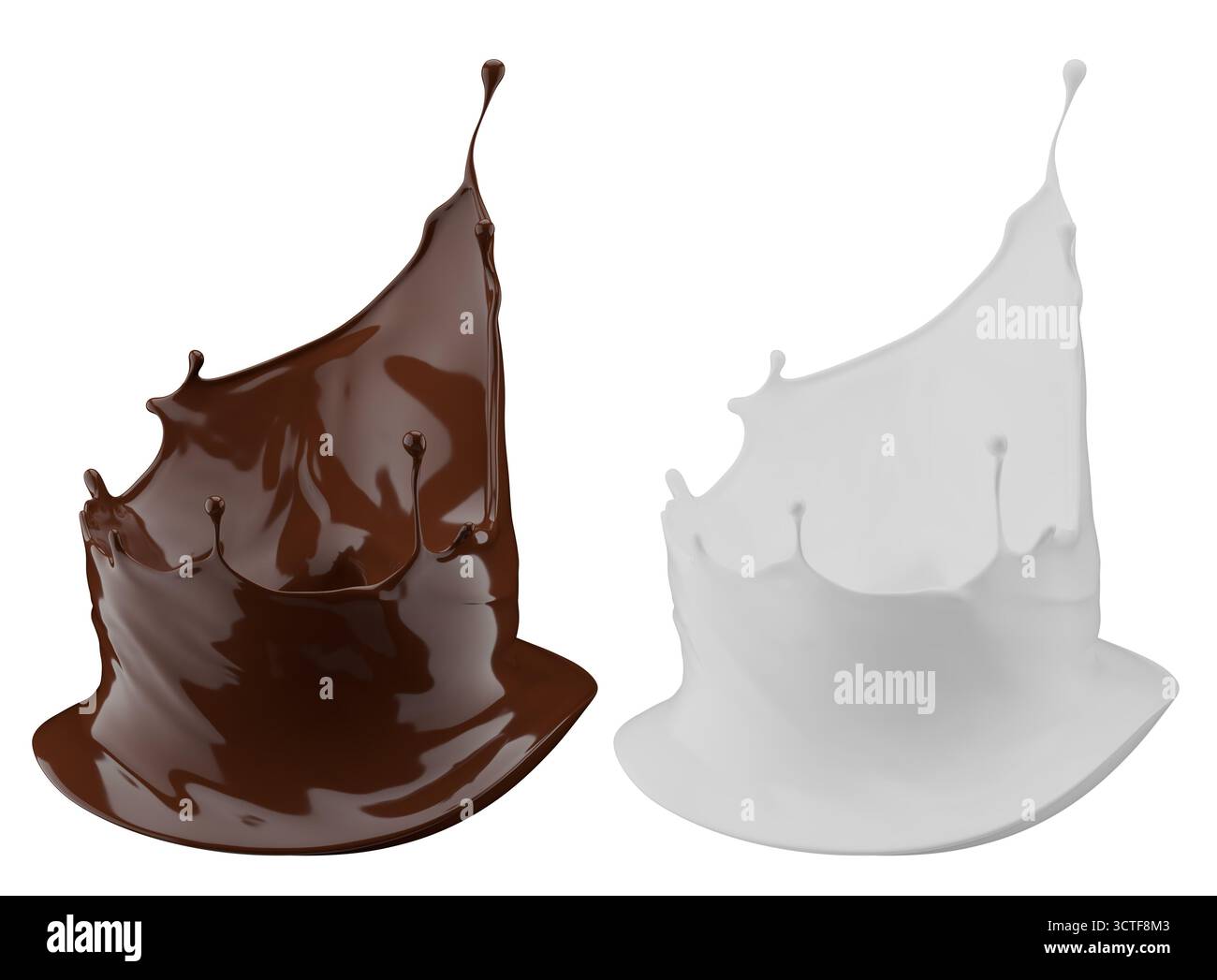 Milch- und Schokoladenspritzer. Milchshake und geschmolzene braune Schokolade isoliert auf weißem Hintergrund. 3D-Rendering . Stockfoto