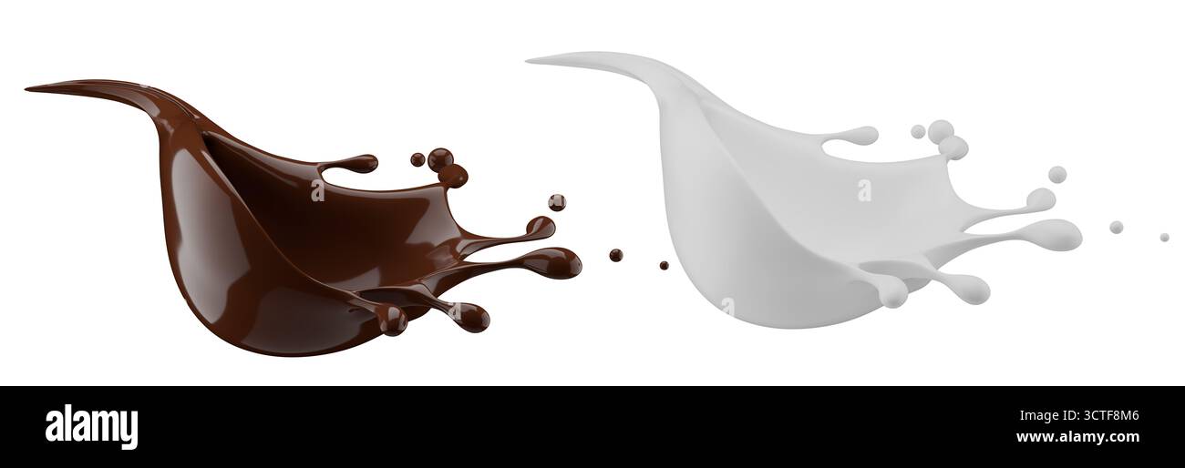 Milch- und Schokoladenspritzer. Milchshake und geschmolzene braune Schokolade isoliert auf weißem Hintergrund. 3D-Rendering . Stockfoto