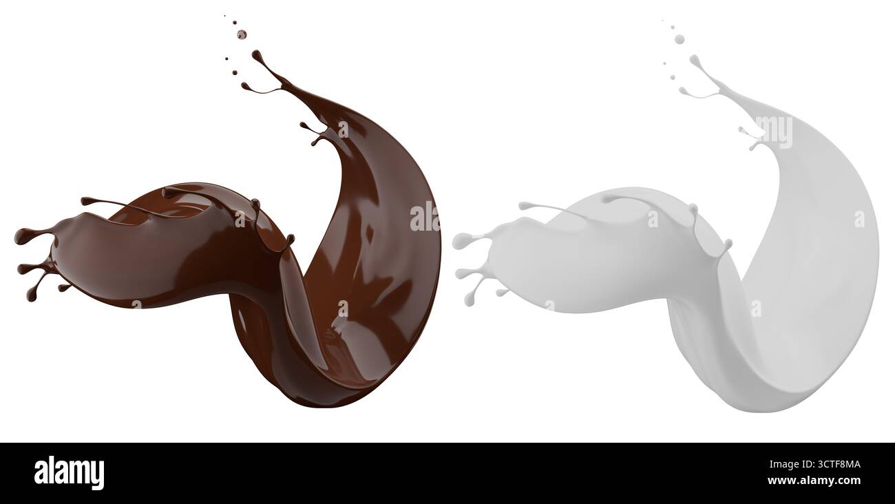 Milch- und Schokoladenspritzer. Milchshake und geschmolzene braune Schokolade isoliert auf weißem Hintergrund. 3D-Rendering . Stockfoto
