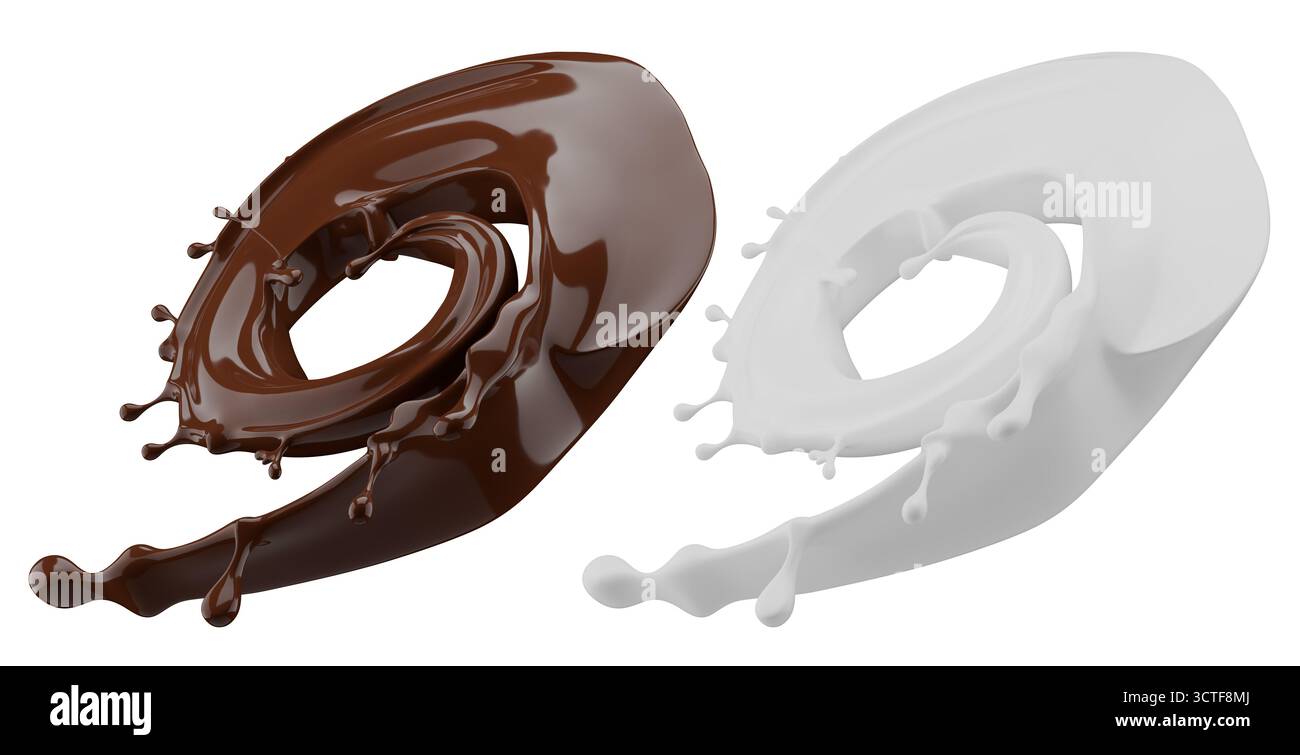 Milch- und Schokoladenspritzer. Milchshake und geschmolzene braune Schokolade isoliert auf weißem Hintergrund. 3D-Rendering . Stockfoto