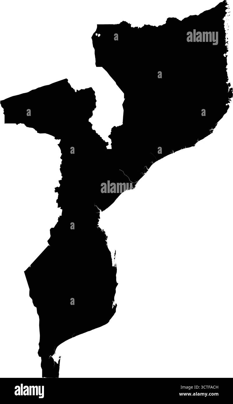 Editierbare detaillierte schwarze Vektor-Silhouette des afrikanischen Landes Mosambik. Stock Vektor