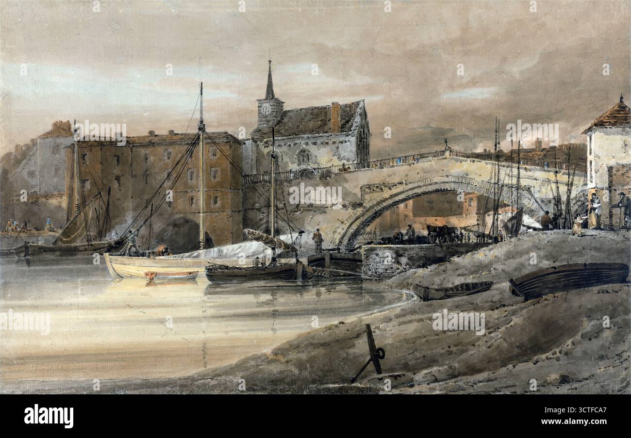 Ouse Bridge York 1800 Aquarellstift und braune Tinte Graphit Bildgemälde von Thomas Girtin Kunstwerk historische Perspektive Vintage Antikdruck englisches Flussbild Anfang des 19. Jahrhunderts Stockfoto