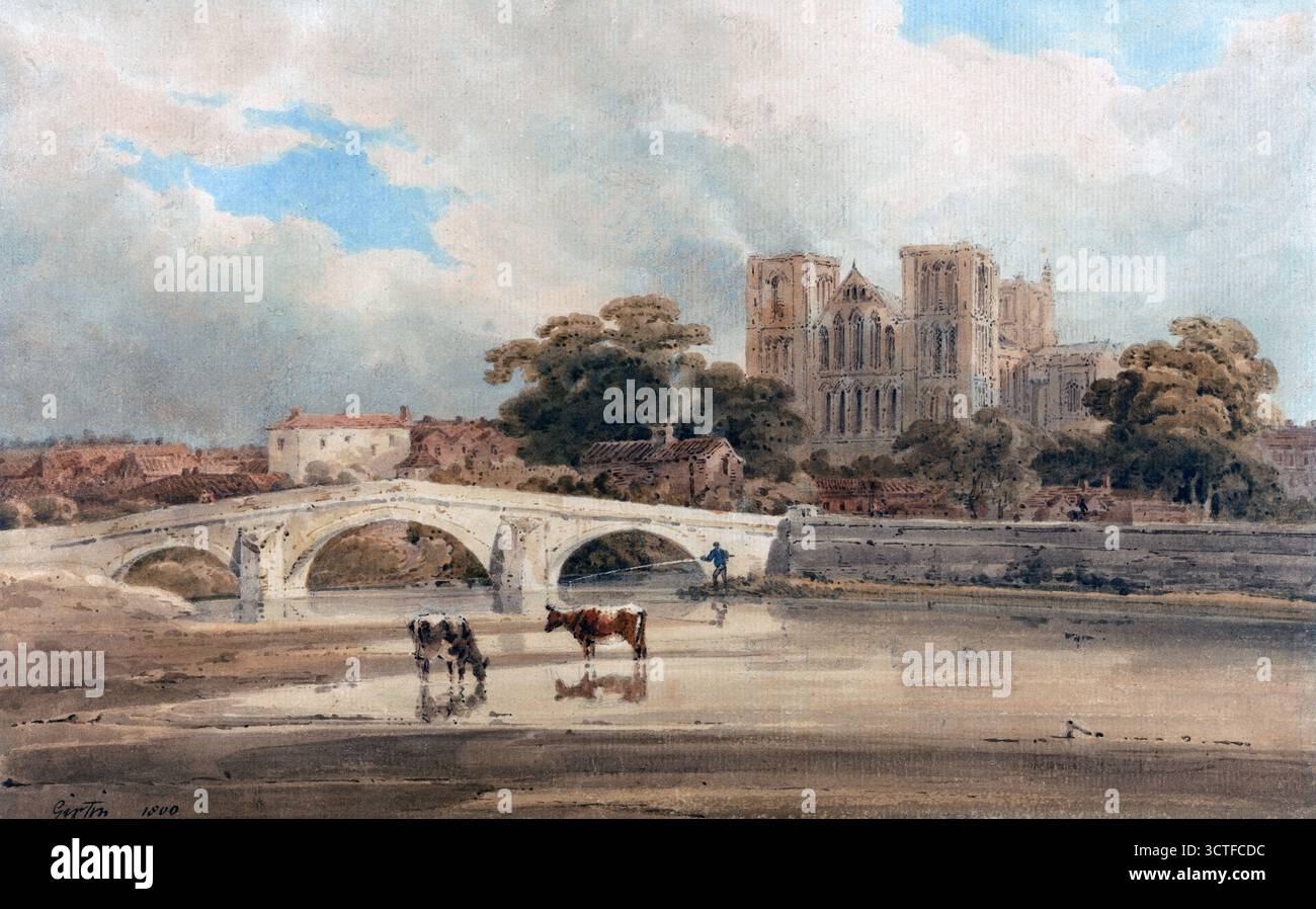Ripon Minster Yorkshire River Skell 1800 Aquarellstift und braune Tinte Graphit Bildgemälde von Thomas Girtin Kunst Kunstwerk historische Perspektive Vintage Antikdruck englisches Flussbild Anfang des 19. Jahrhunderts Stockfoto
