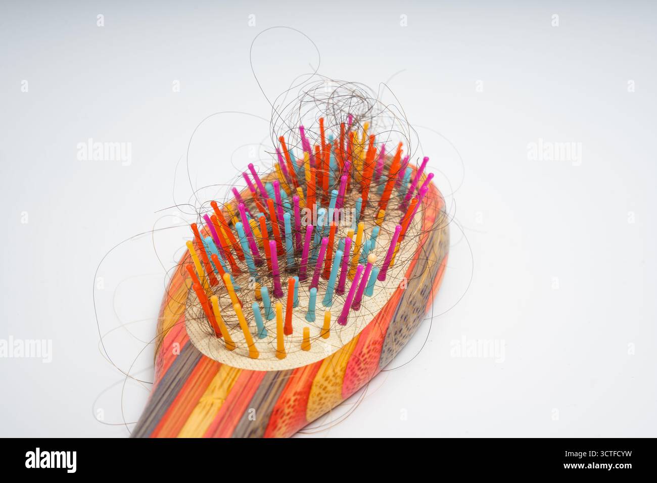 Bunte Haarbürste mit losen Haarsträhnen, die in Borsten verwickelt sind, auf isoliertem weißem Hintergrund. Nahaufnahme einer Holzbürste, die mit Abwurf gefüllt ist Stockfoto
