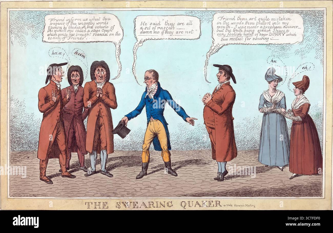 Ein Farbdruck des schwörenden Quäkers unbekannter Künstler 1816 aus dem 19. Jahrhundert, der handkolorierte alte antike Druckcartoon graviert. Einen Quäker darzustellen, der von entsetzlichen Ältesten beschuldigt wird, in der Öffentlichkeit profane Sprache zu verwenden, anstatt ein wörtlich verfluchter Quäker zu sein, Stockfoto