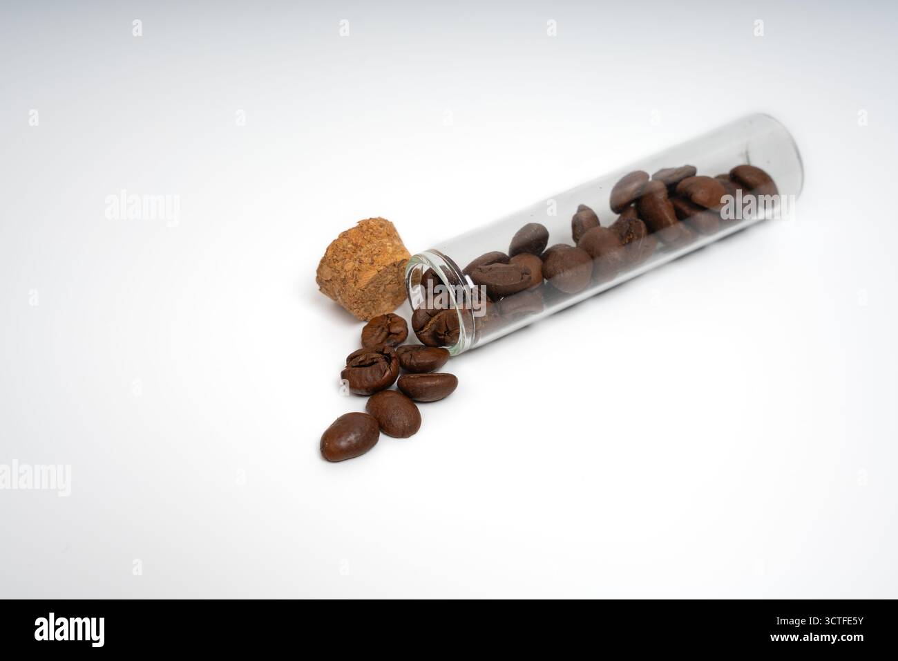 Glasröhre mit Korkdeckel und verschütteten braunen Kaffeebohnen auf isoliertem weißem Hintergrund. Kaffeezubereitung, Aroma, Brüh- und Lagerkonzept Stockfoto