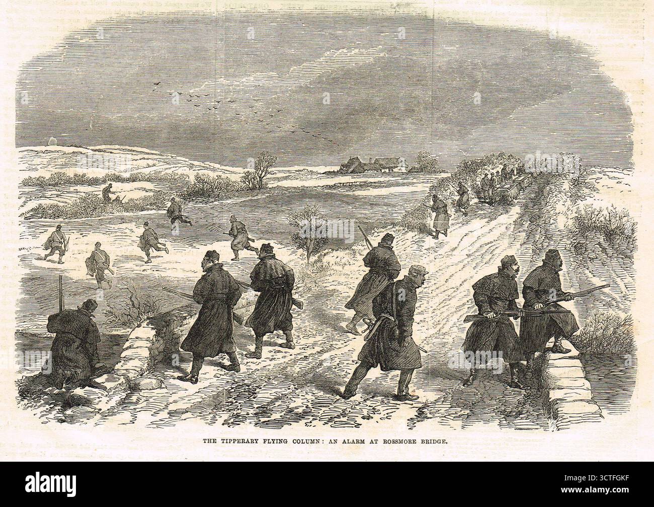 Die Verfolgung der Fenianer in Tipperary, Irland, die fliegende Kolonne von Tipperary, ein Alarm an der Rossmore Bridge, nach dem Fenian Rising, 1867 Stockfoto