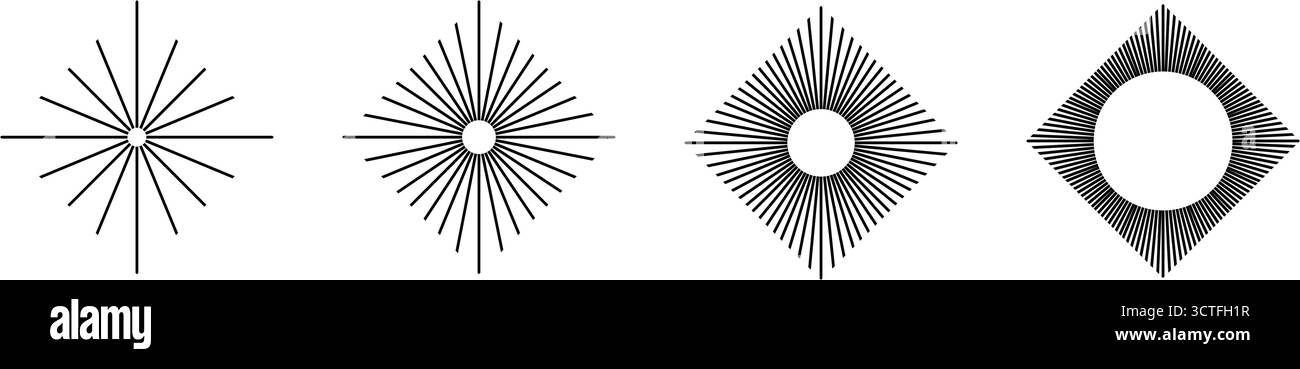 Geradlinige Radiallinien in Rautenform. Set mit dimond-förmigen Sonnenschein-Symbolen. Sonnenschilder. Symbole für Strahlkraft, Spin, Explosion oder Feuerwerk auf weißem Hintergrund. Vektorgrafik. Stock Vektor