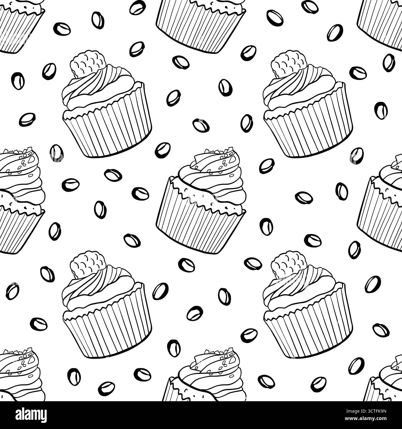 Muffins mit Creme, Himbeere, Ganache und Schokoladenchips, Weihnachtsdessert, Gebäck Vektor nahtloses Muster in Doodle-Stil auf weißem Hintergrund Stock Vektor