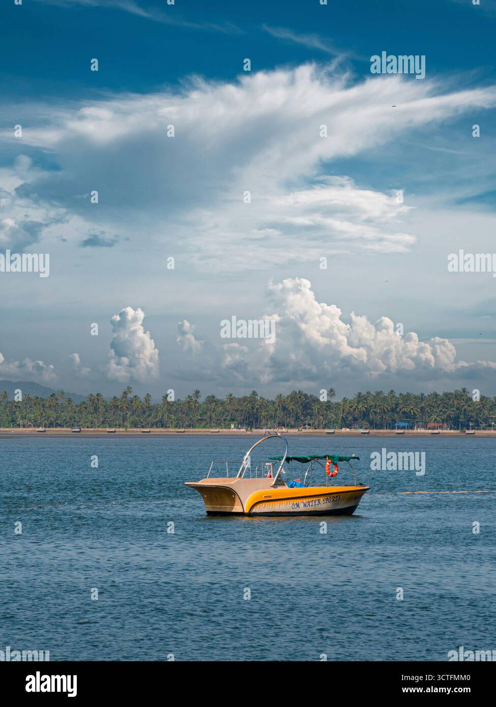 Yellow Water Sportboot, das durch die Blue Tropical Waters mit einer palmengesäumten Küste in Indien fährt. Stockfoto