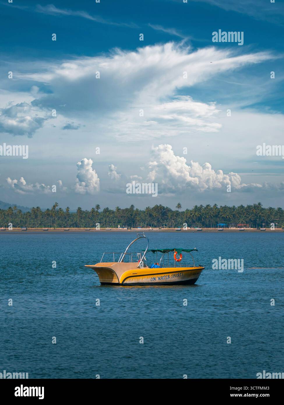 Yellow Water Sportboot, das durch die Blue Tropical Waters mit einer palmengesäumten Küste in Indien fährt. Stockfoto