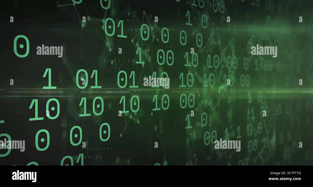 Leuchtende, übergroße grüne Binärziffern, die im virtuellen Netzwerkraum schweben, mit horizontalem Strahl Stockfoto