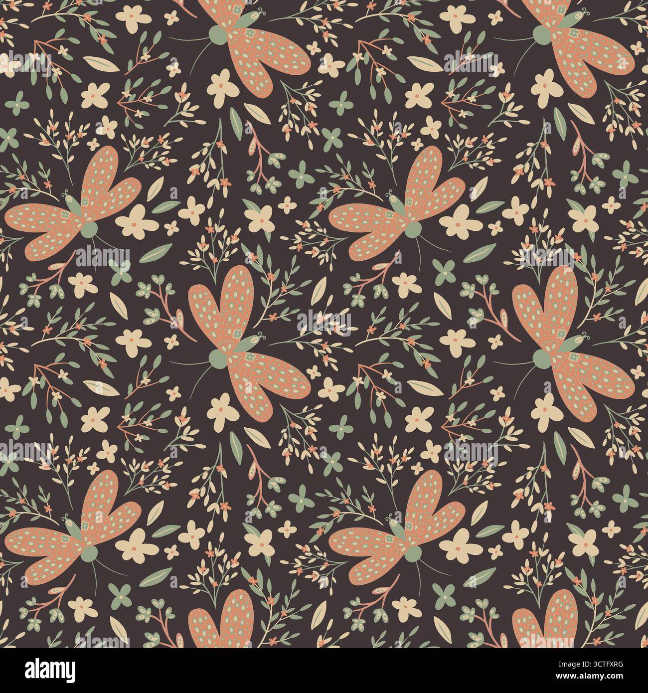 Dunkles, nahtloses digitales Muster mit Schmetterlingen, Blumen und Blättern. Flacher Hintergrund mit belegtem Hintergrund. Ideal für saisonale Textilien, Bettwäsche, Verpackung oder Verpackung Stockfoto