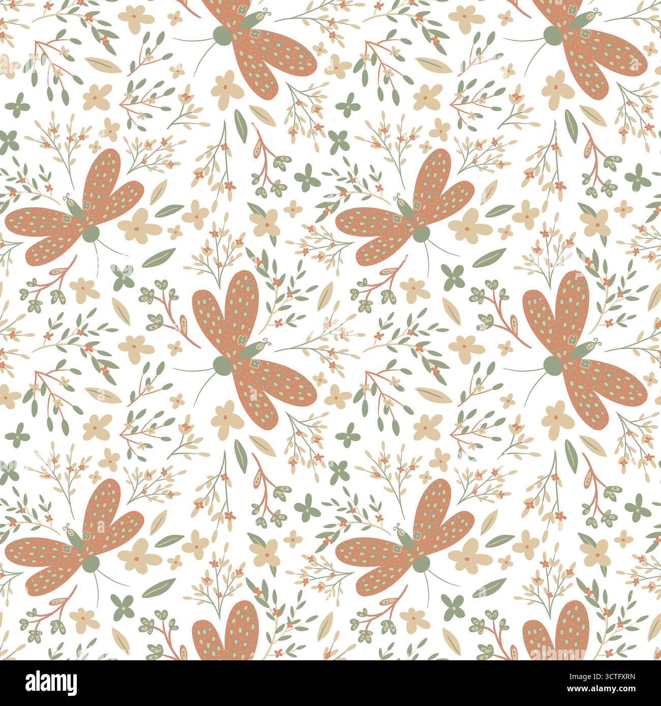 Nahtloses digitales Muster mit braunen Schmetterlingen, Blumen und weichen grünen Blättern. Luftiges, minimales Design in ruhigen Pastelltönen. Perfekt für Frühlingsgewebe Stockfoto
