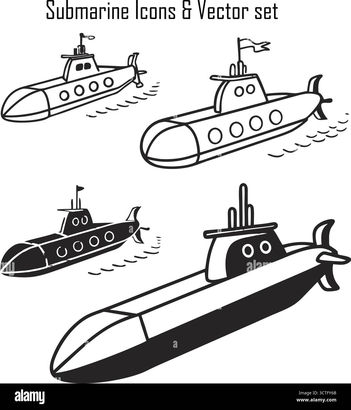 U-Boot-Symbole Set – Unterwasserfahrzeug, Marine, Marine Exploration Vektor-Illustration Stock Vektor