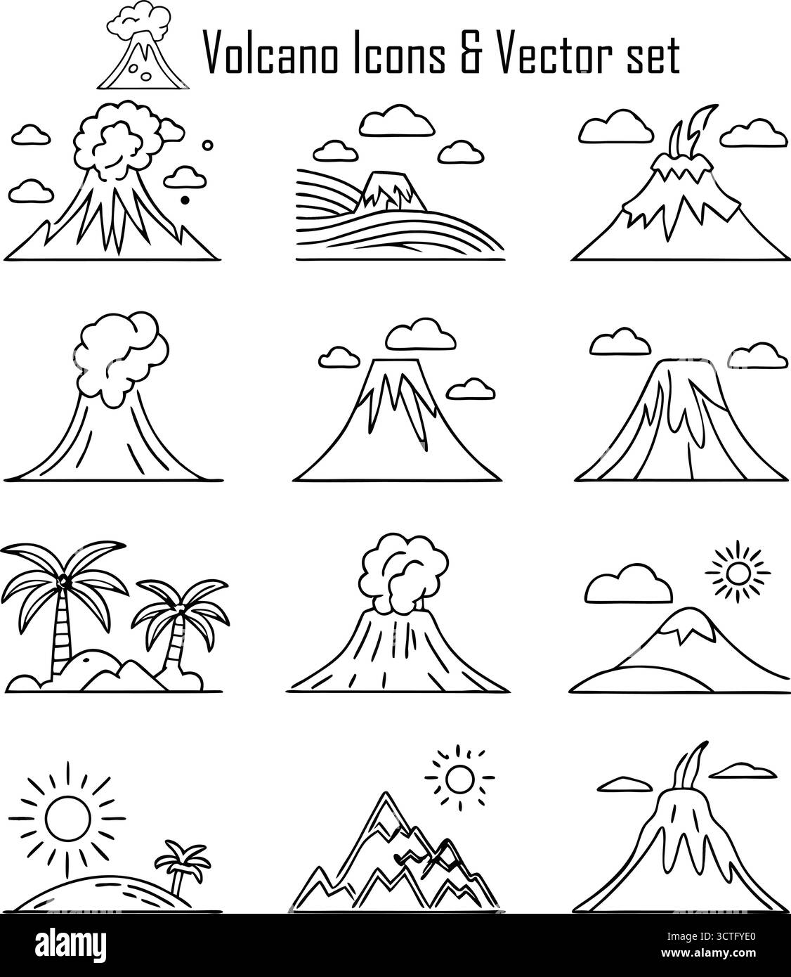 Vulkan Icons Set – Eruption, Lava, Berg, Naturkatastrophe, Geologie Vektor Illustration Stock Vektor