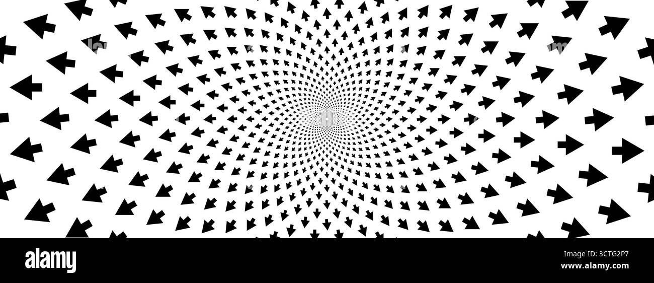 Optischer Illusionshintergrund mit Pfeil. Schwarz-weiße hypnotische rotierende Pfeile. Drehbares Poster mit Spiraldesign. Abstrakte, trippige Illusiontapete für Banner und Vorlagen. Vektor Stock Vektor